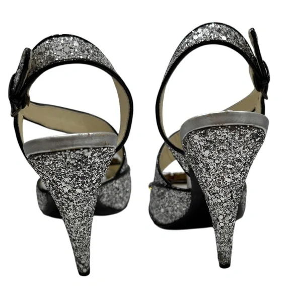MIU MIU 2006 RUNWAY SILVER GLITTER STILETTO SANDALS w/CRYSTAL EMBELLISHMENTS